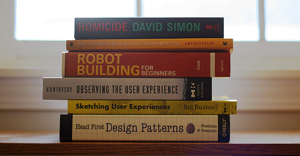 a pile of six books on a desk